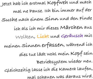Jetzt hab ich erstmal Kopfweh und mach mal ne Pause. Ich bin immer auf der Suche nach einem Sinn und den Finde ich als ich mir dieses Märchen aus Wolken, Licht und Geräusch mit meinen Sinnen erfassen, während ich dies tue lädt wohl mein Kopf sein Betriebsystem wieder neu.
Gleichzeitig lasse ich die Kamera laufen, mal schauen was daraus wird.  