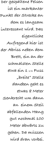 Der gespaltene Felsen ist ein markanter Punkt der Strecke an dem es langsam interessant wird. Das eigentliche Aufregend hier ist der Abriss neben dem Brett, ein an der schmalsten Stelle etwa ein 1 1/2 Fuss „breite“ Stelle daneben geht es etwas 8 Meter Senkrecht um dann an  einem Steil abfallenden Hang gut nochmal 100 Meter abwärts zu gehen. Da müssen wird dran vorbei. 