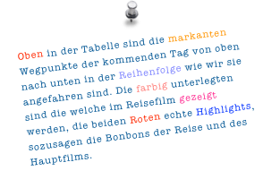 Oben in der Tabelle sind die markanten Wegpunkte der kommenden Tag von oben nach unten in der Reihenfolge wie wir sie angefahren sind. Die farbig unterlegten sind die welche im Reisefilm gezeigt werden, die beiden Roten echte Highlights, sozusagen die Bonbons der Reise und des Hauptfilms. 